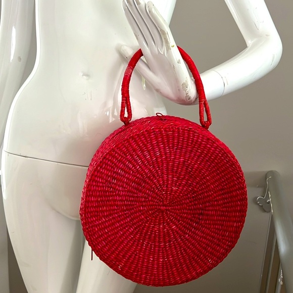 Vintage Round Red Woven Raffia Grass Zip Around Fully Lined Handbag - Picture 1 of 6